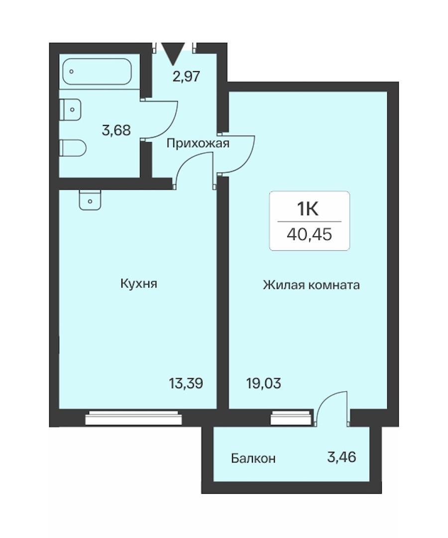 1-комнатная квартира 40.45 м², 2/9 эт., ЖК «Расцветай в Янино»